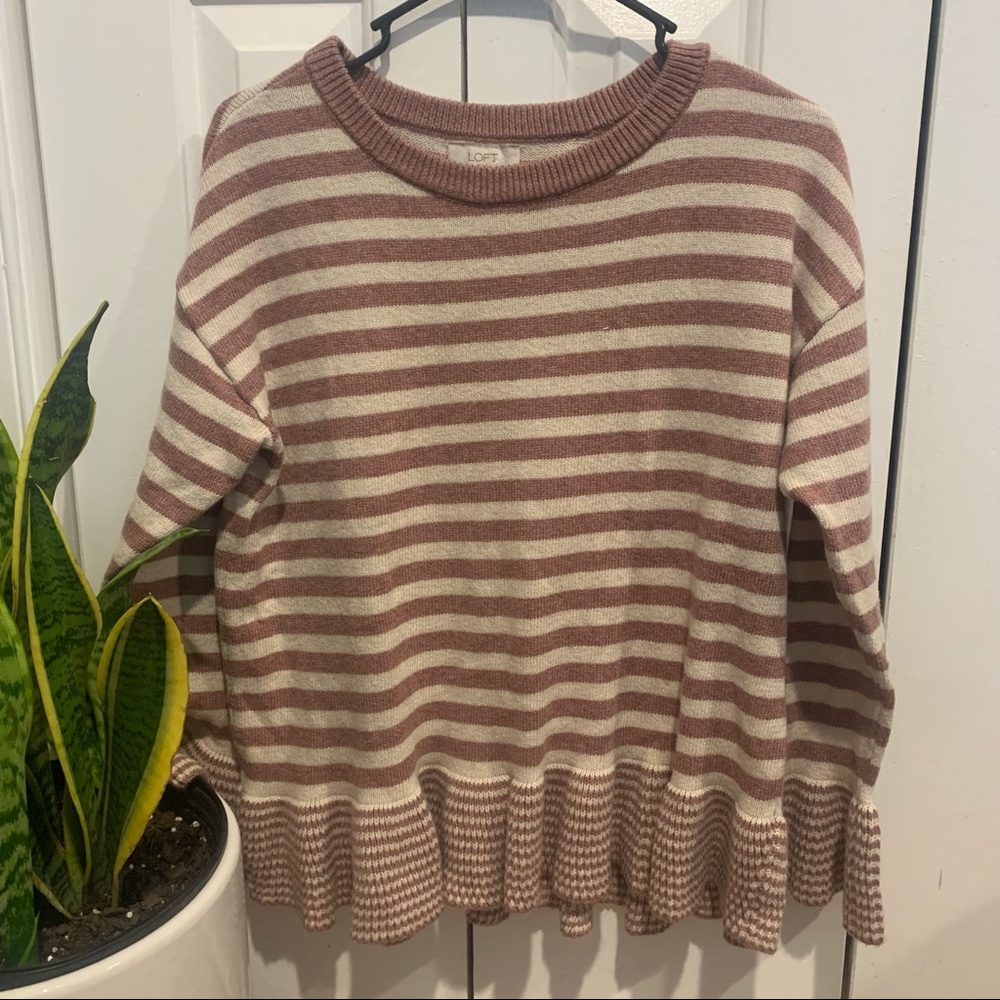 Loft pink striped ruffle bottom sweater